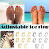 A set of adjustable open toe rings for women shown on feet and in various colors and finishes.
