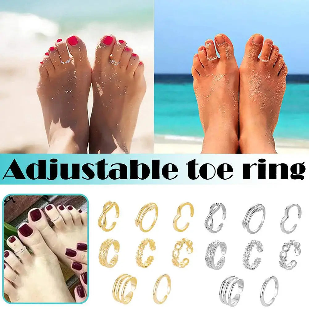 A set of adjustable open toe rings for women shown on feet against a bright, outdoor background.