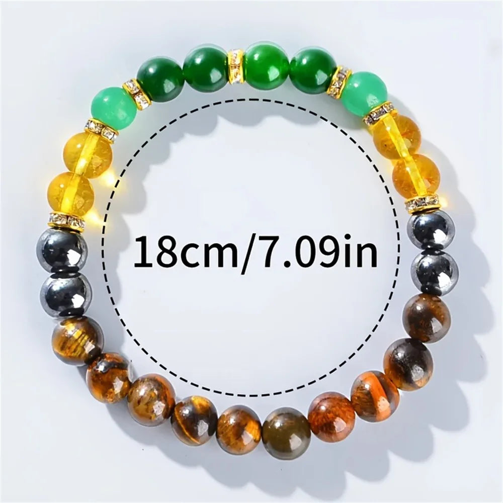A bracelet featuring a string of polished green and yellow stones, including citrine and tiger's eye.