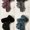 Four images showing plush wrist gloves in shades of purple, gray, black, and blue-green.