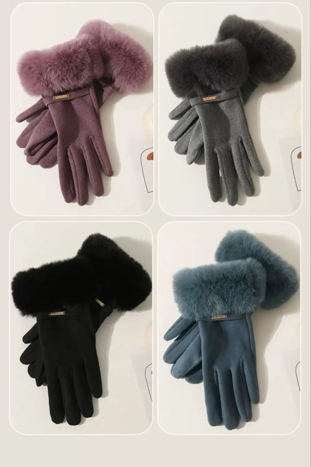 Four images showing plush wrist gloves in shades of purple, gray, black, and blue-green.