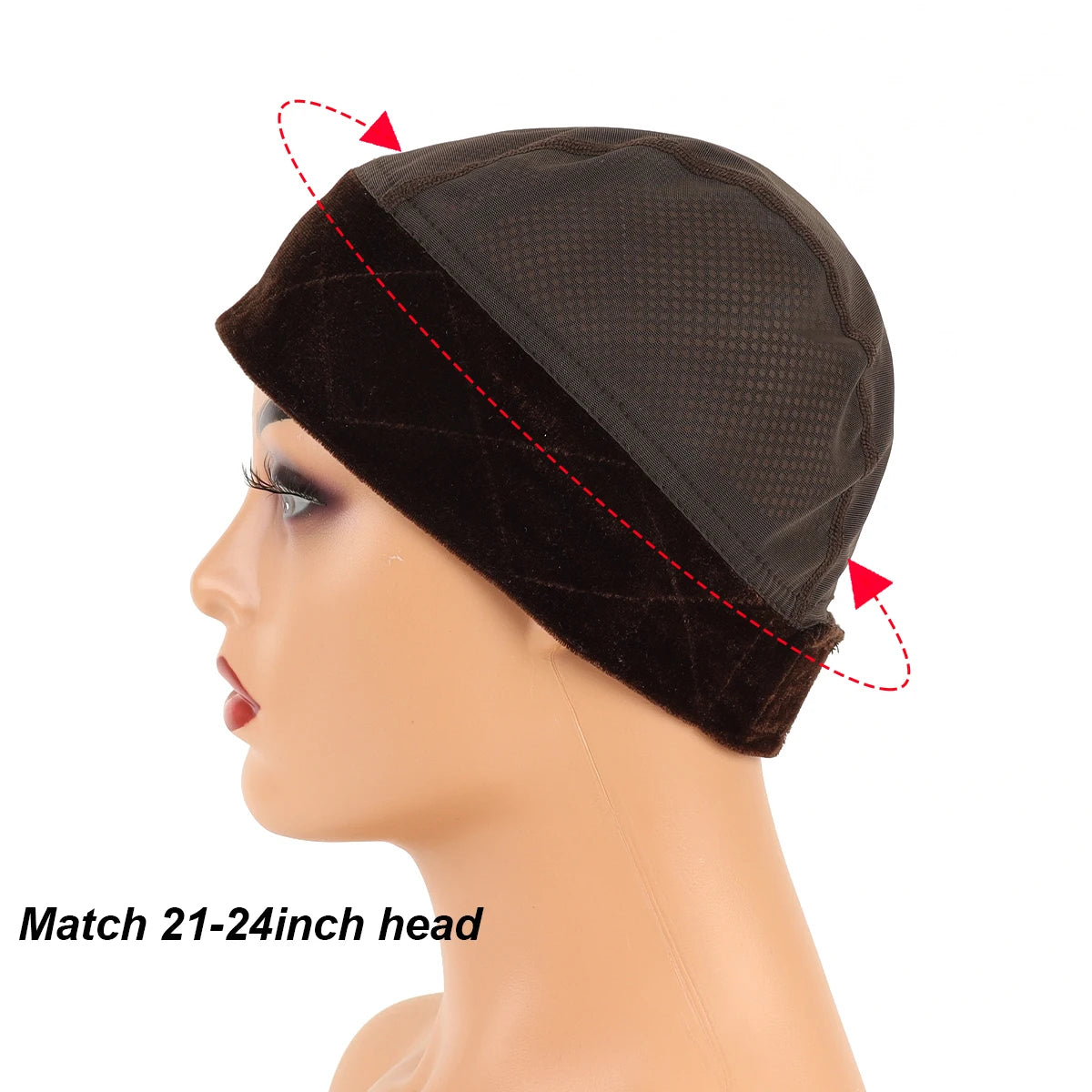 A dark brown velvet wig grip cap is shown on a mannequin head, demonstrating its fit.