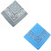 A set of two patterned fabric bandanas or headbands featuring paisley and geometric designs in gray and blue.
