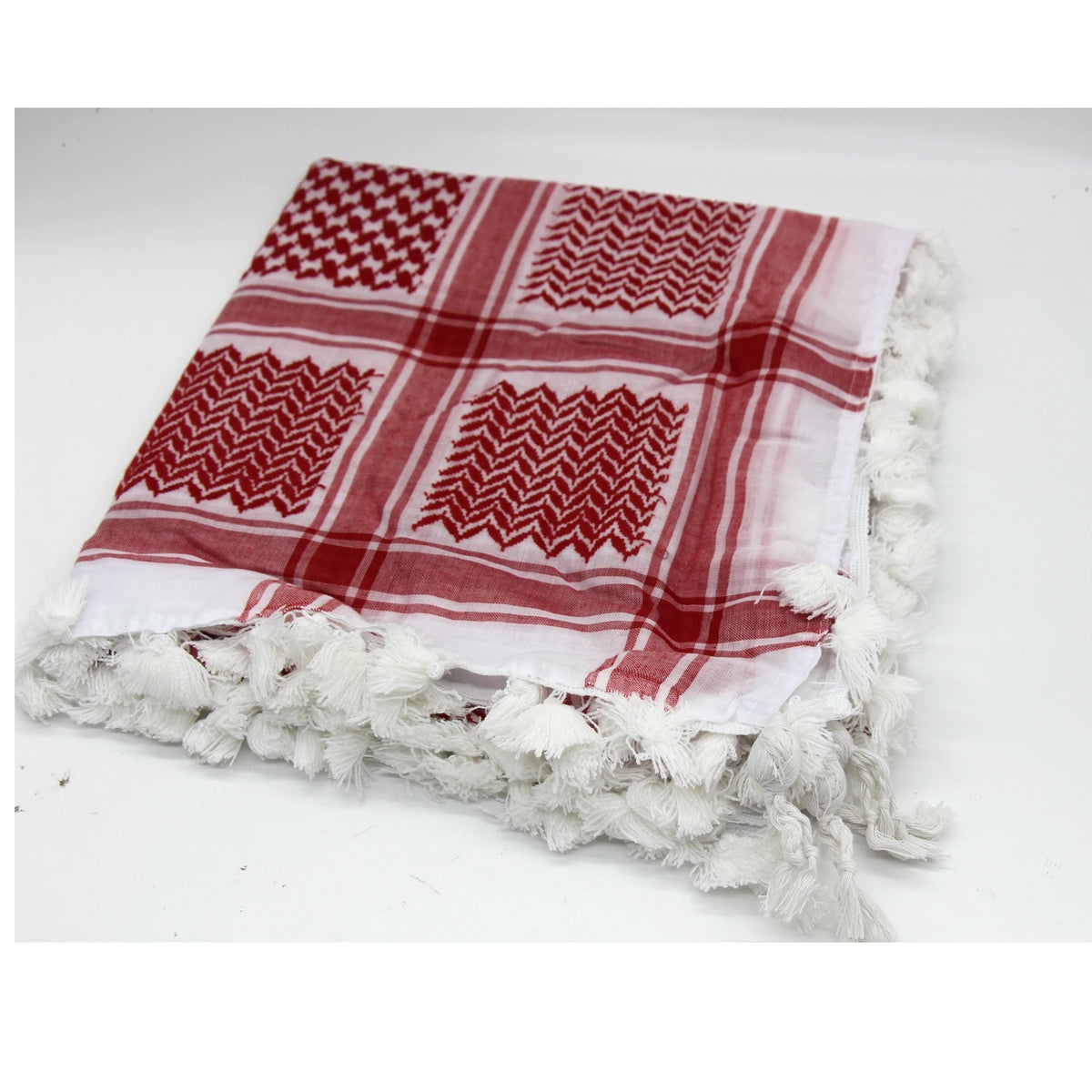 Pañuelo de algodón a cuadros rojo y blanco con borde de flecos.