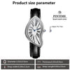 A black leather strap watch shows product size parameters including diameter, thickness, and strap length.