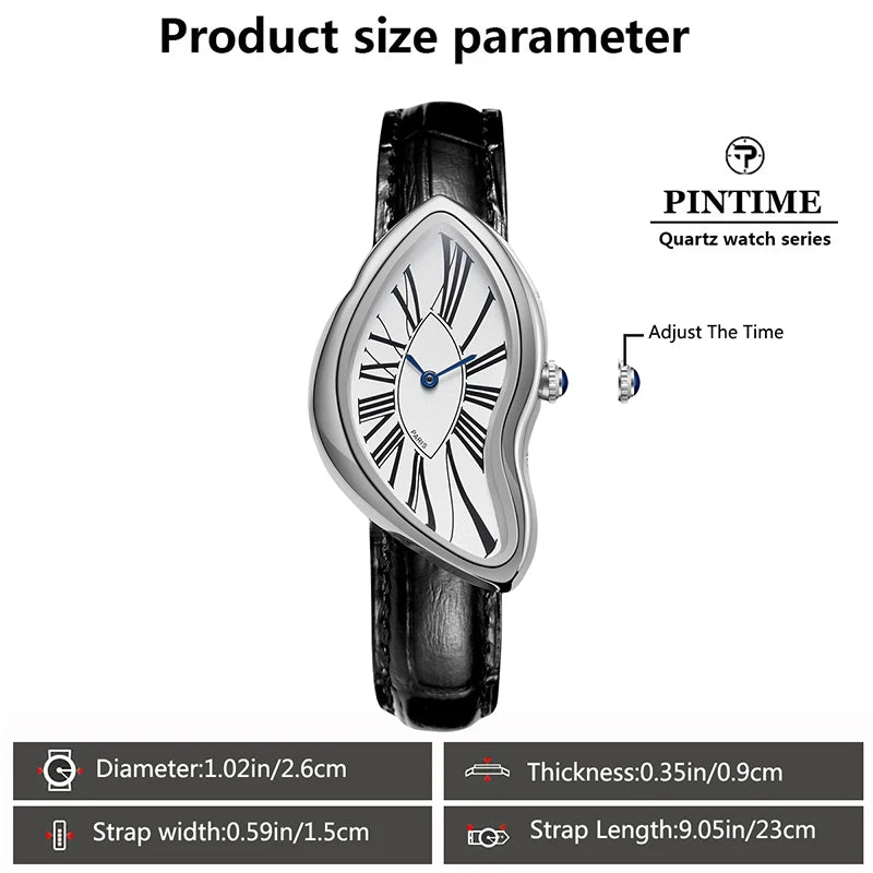 A black leather strap watch shows product size parameters including diameter, thickness, and strap length.