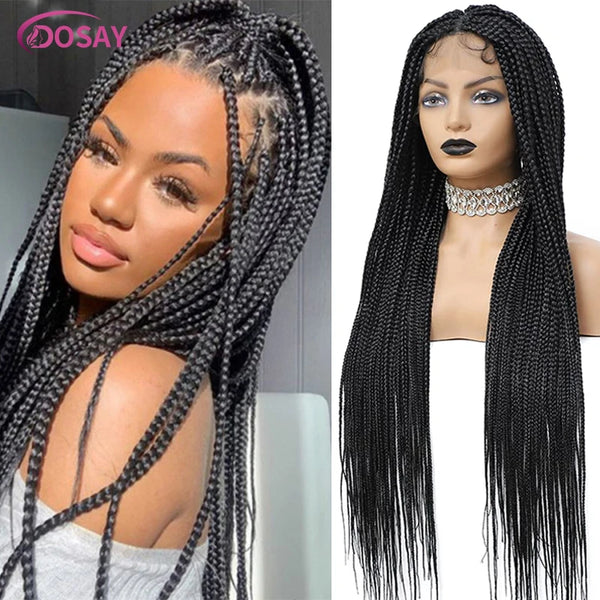 A close-up of a woman modeling a 36-inch full lace braided wig with long black hair and a silver chain necklace.