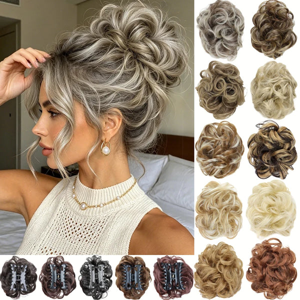 A collection of voluminous curly messy bun hair accessories in various shades of brown, blonde, and gray.