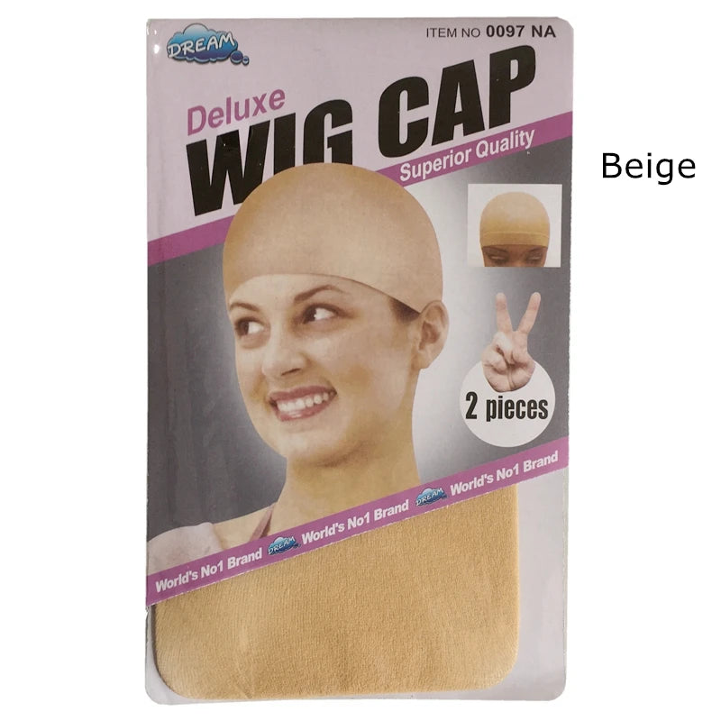 Packaging for a beige Deluxe Wig Cap featuring a model and two pieces of the product.