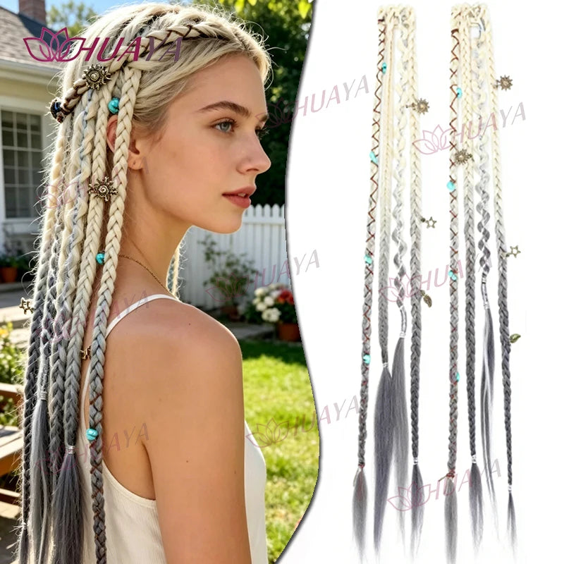 A woman models long, braided hair extensions with silver and gray tones featuring beaded clips.