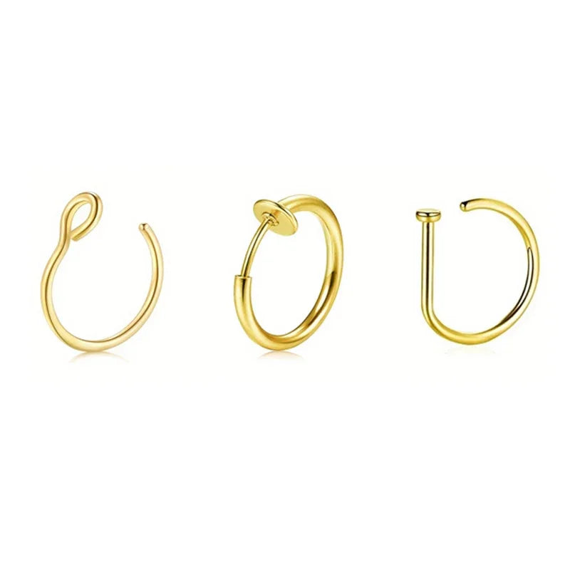 A set of three gold-toned magnetic stainless steel septum rings displayed against a white background.