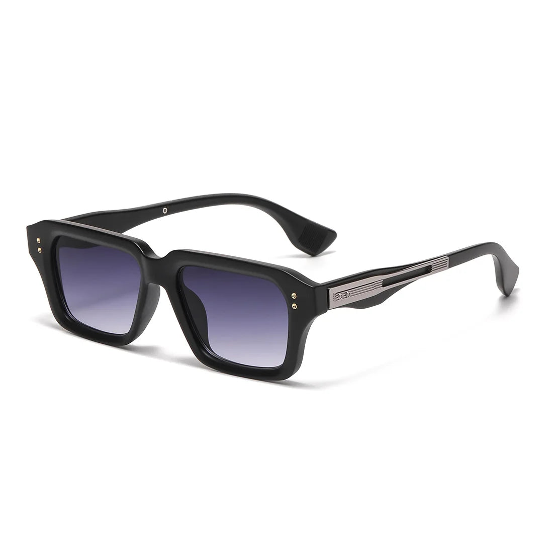 Schwarze retro quadratische Metall-Sonnenbrille mit dunklen Linsen und silbernen Akzenten