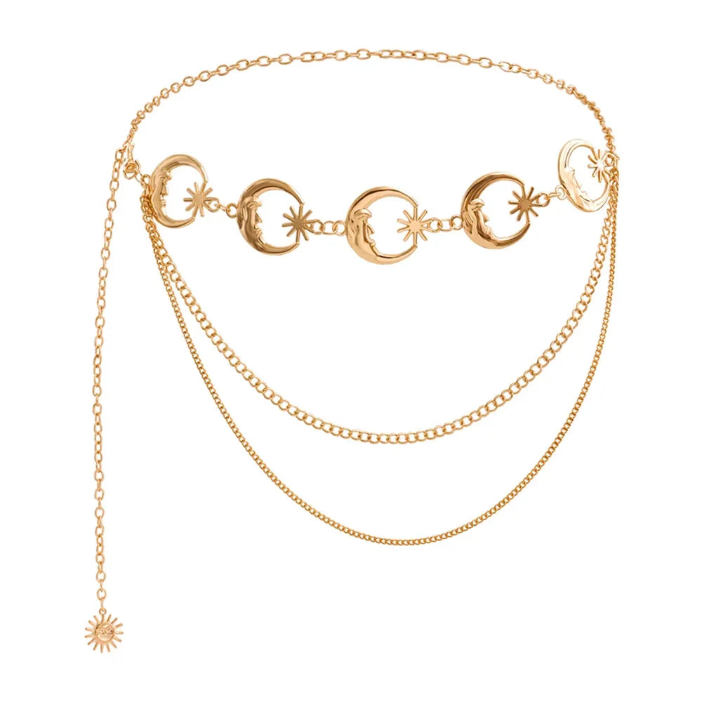 Goldener Boho-Mond-Fransen-Taillenkettenriemen mit mehreren Strängen