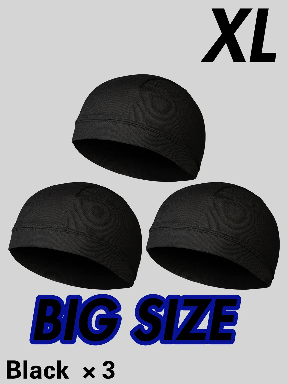 Three black moisture-wicking cycling beanie caps displayed against a gray background.