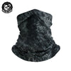 A black breathable mask scarf with a textured, scaled pattern is displayed against a white background.