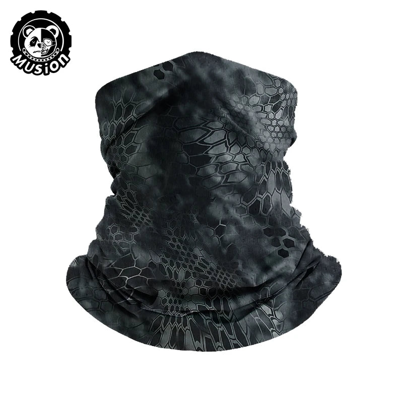 A black breathable mask scarf with a textured, scaled pattern is displayed against a white background.