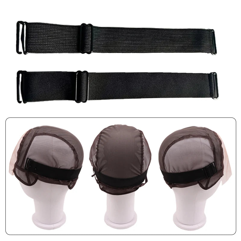 Diadema de cabello elástico negro ajustable para pelucas, mostrada en tres estilos y una capucha