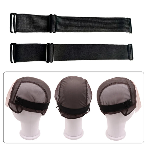 Black adjustable elastic hair band for wigs shown in three different styles and a cap