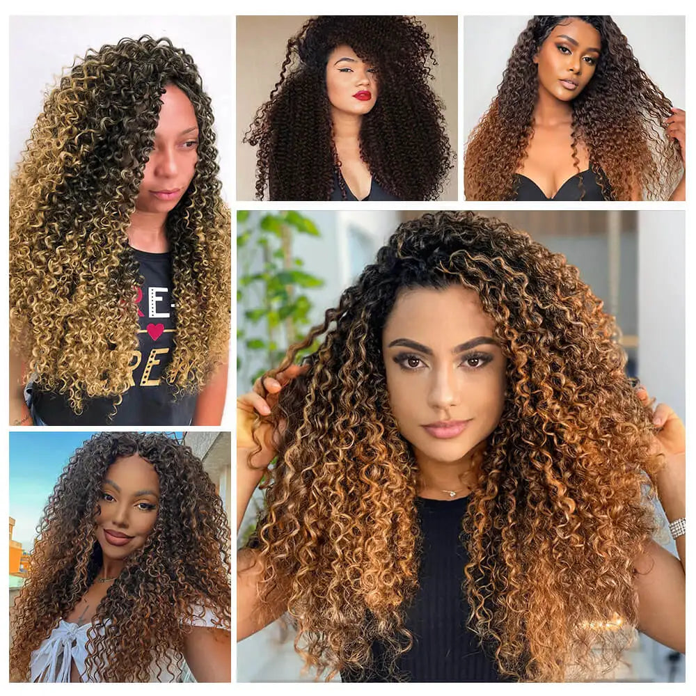 A collage of women showcasing long curly hair extensions in various shades and styles.