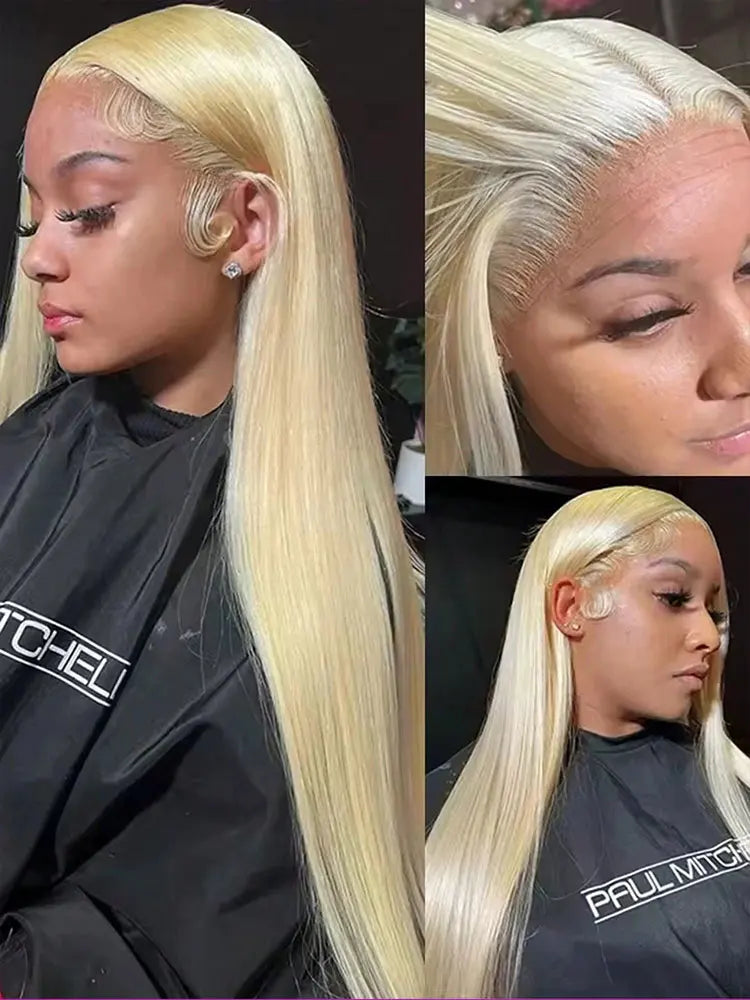 A close-up photo of a model wearing a blonde straight HD lace front wig with long hair and a black top.