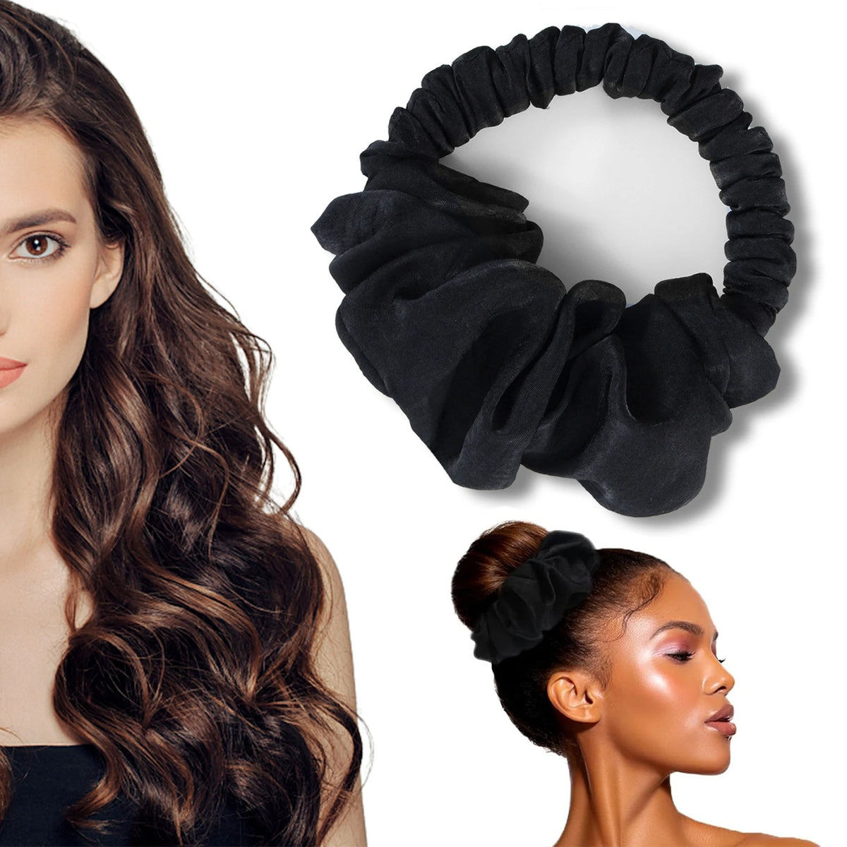 Black heatless hair curling scrunchie shown on a woman's hair and as a separate product.