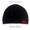 Black Y2K style skull beanie hat shown flat lay with measurements.