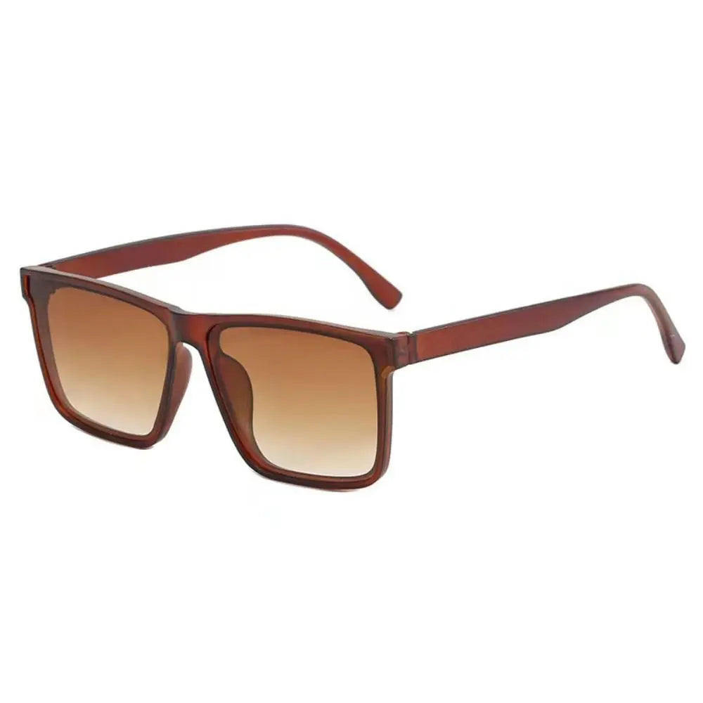 Brown tinted square frame sunglasses with thin arms