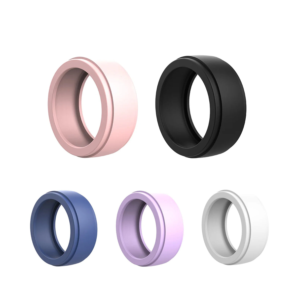 Four silicone rings in pink, black, blue, and purple colors shown from the side.