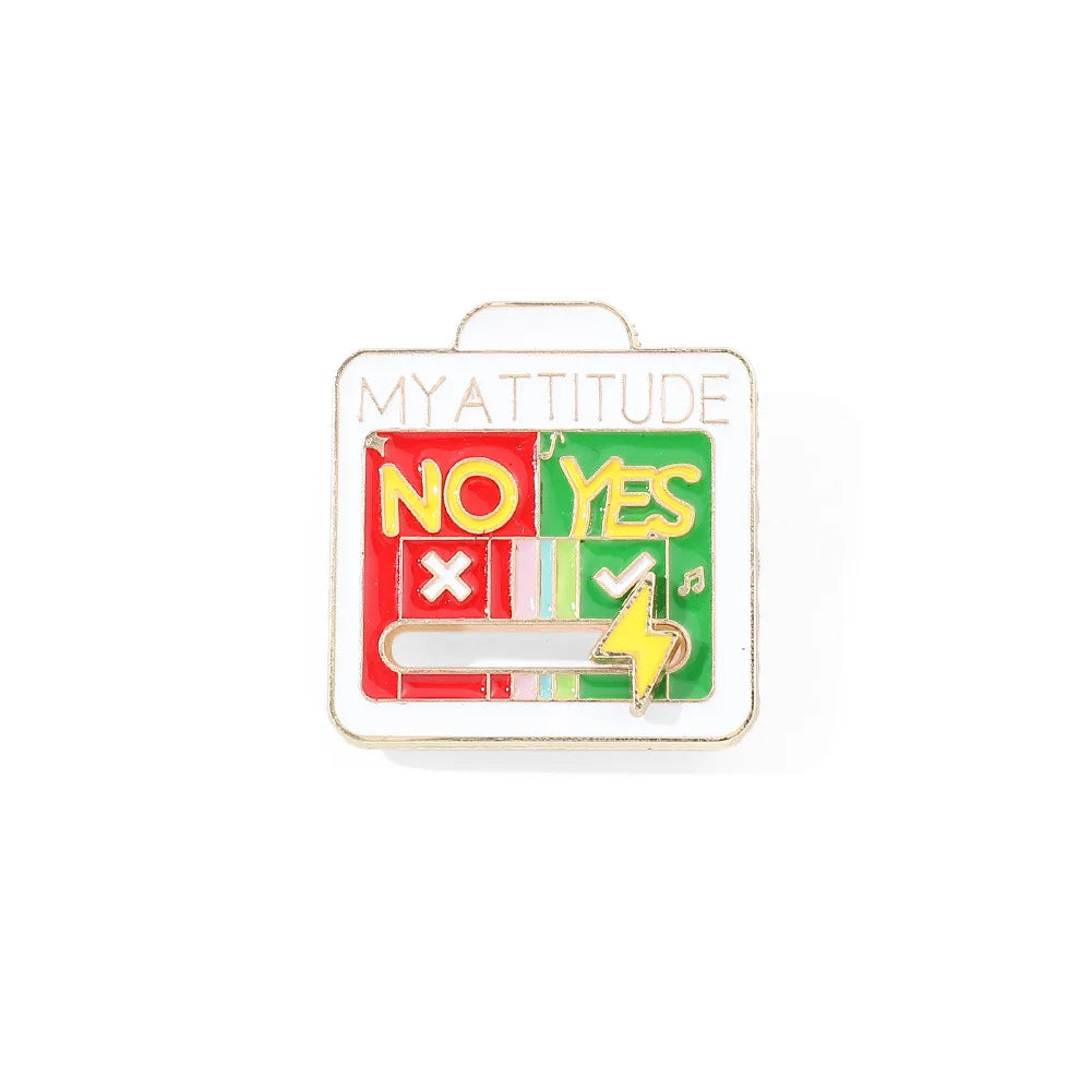 A square enamel brooch pin featuring the text NO YES and a lightning bolt symbol.