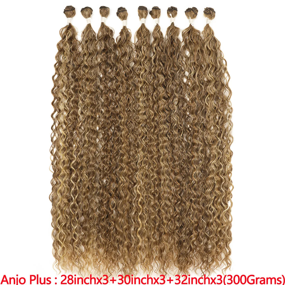 Bundle of long curly hair extensions in a light brown color