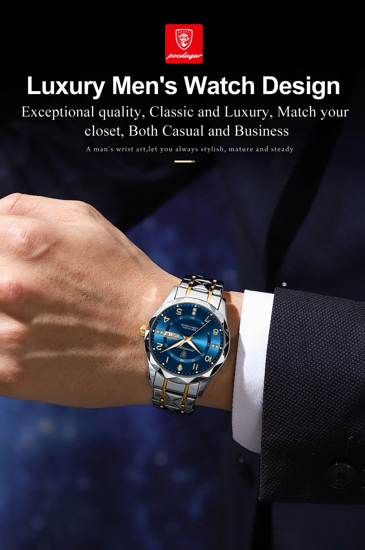 A close-up of a luxury men's watch with a blue luminous dial and silver bracelet worn on a wrist.