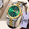 A silver and gold watch with a green face and gold accents is displayed on a light background.