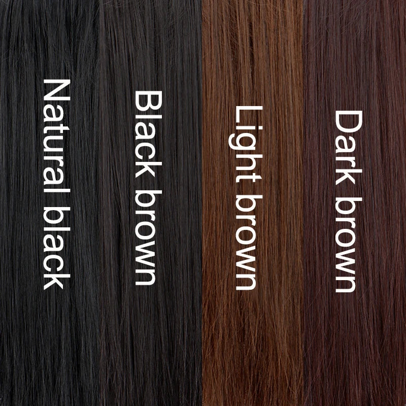 A display of four hair colors: Natural black, black brown, light brown, and dark brown, shown side by side.