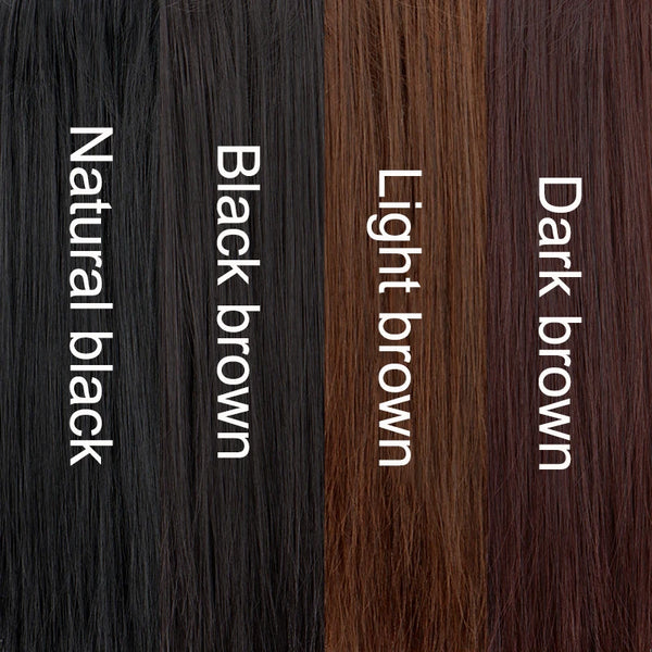 A display of four hair colors: Natural black, black brown, light brown, and dark brown, shown side by side.
