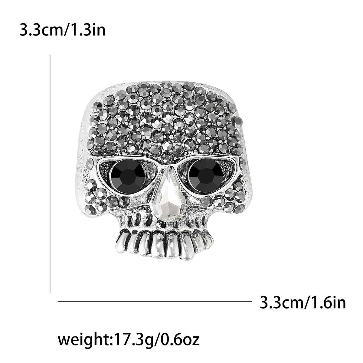 Broche de calavera con diamantes de plata y detalladas cavidades para ojos y dientes