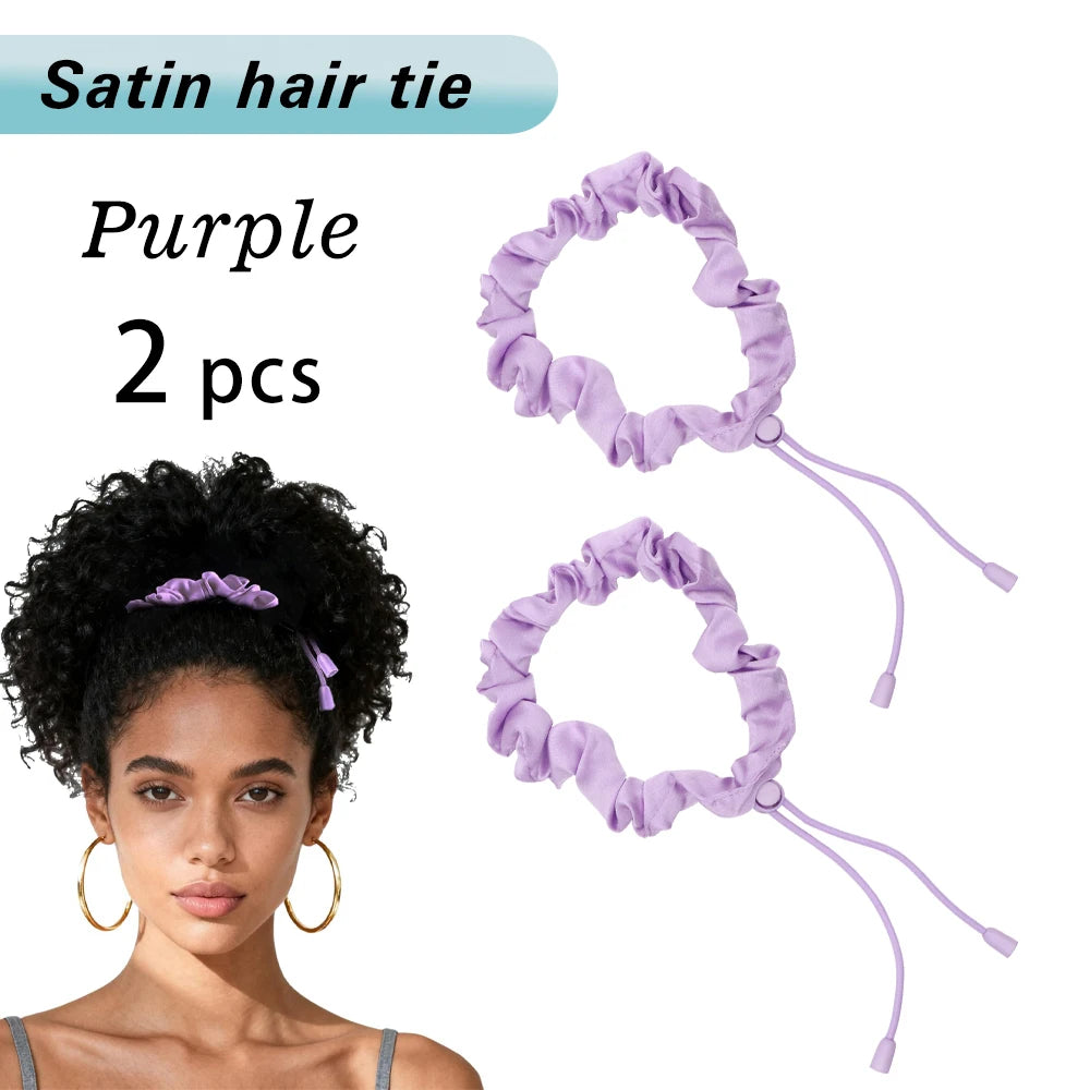Purple satin hair ties scrunchies shown with a woman's curly hairstyle
