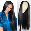 A close-up of a long, straight black lace front wig displayed on a mannequin.