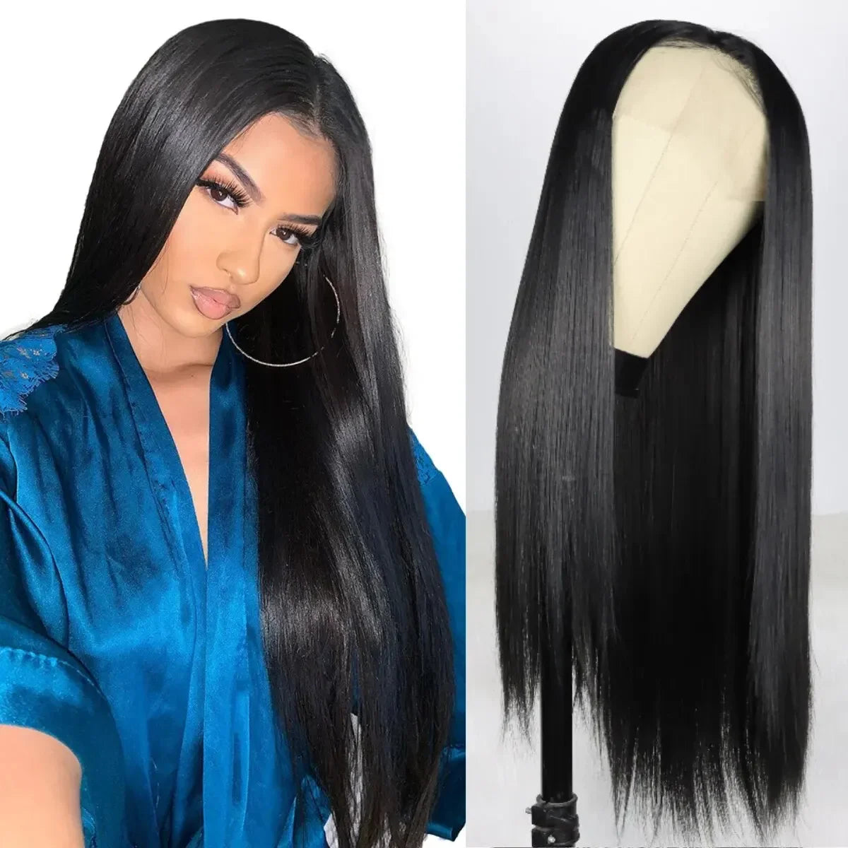 A close-up of a long, straight black lace front wig displayed on a mannequin.