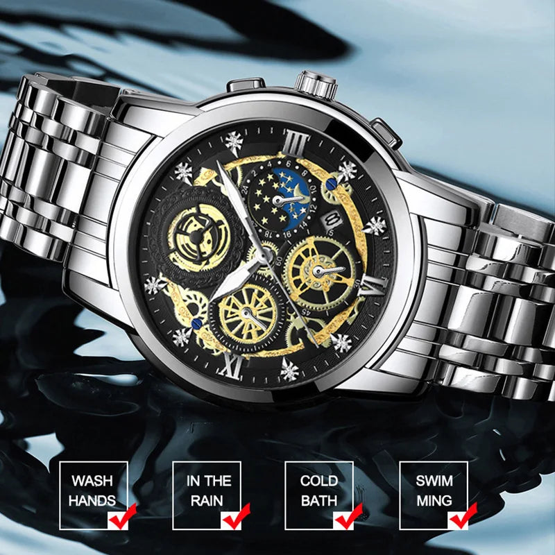 A stainless steel quartz wristwatch with a detailed dial and bracelet, shown on a dark surface.