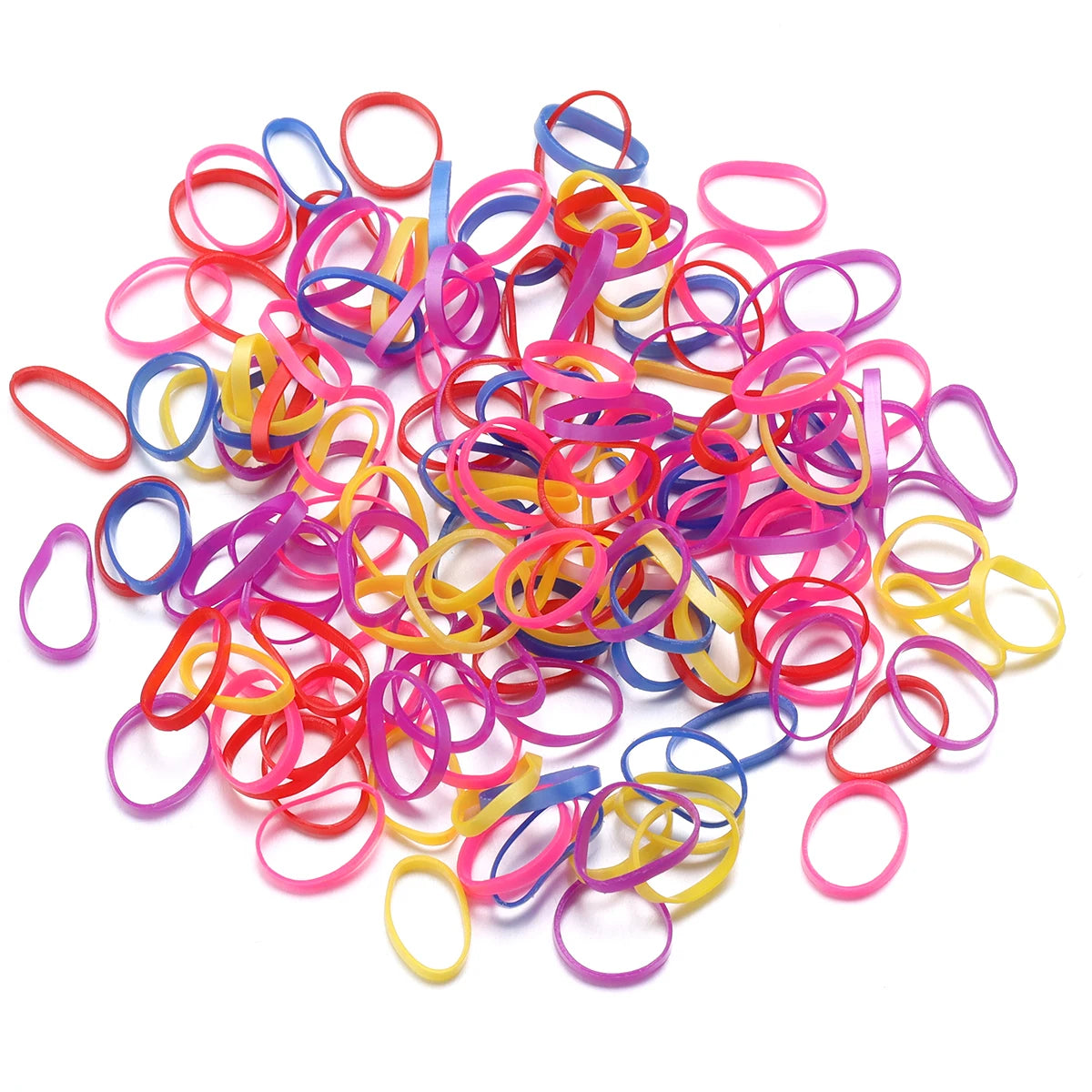 A pile of colorful elastic hair ties in various shades including pink, blue, yellow, and red.