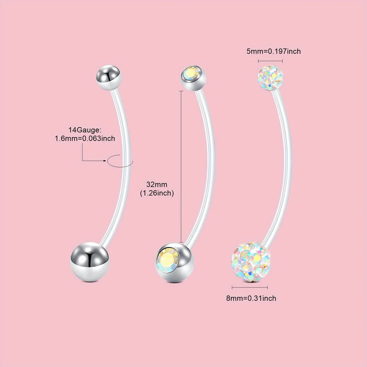 A set of elegant belly button rings featuring silver-toned posts and sparkling gemstone beads.