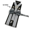 A set of black and gray adjustable polyester suspenders with a bow tie, shown against a white background.