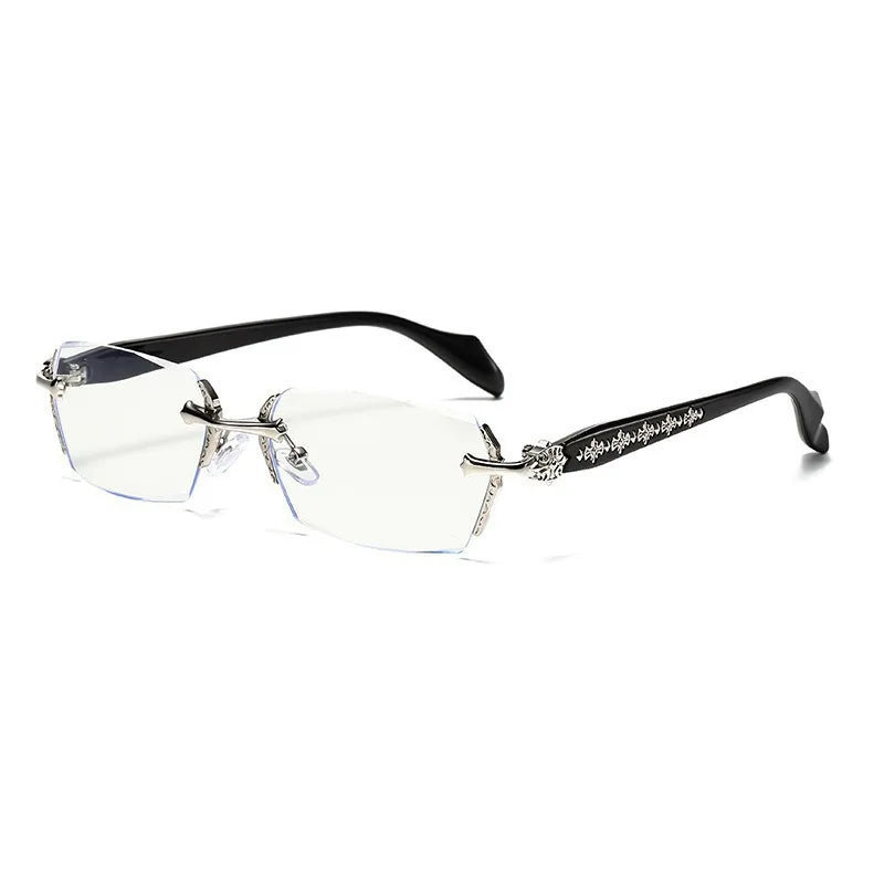 A pair of clear retro full-frame anti-blue light eyewear with black frames.