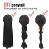 A black ultra-long straight ponytail wig shown in three styles: straight, twisted, and braided.