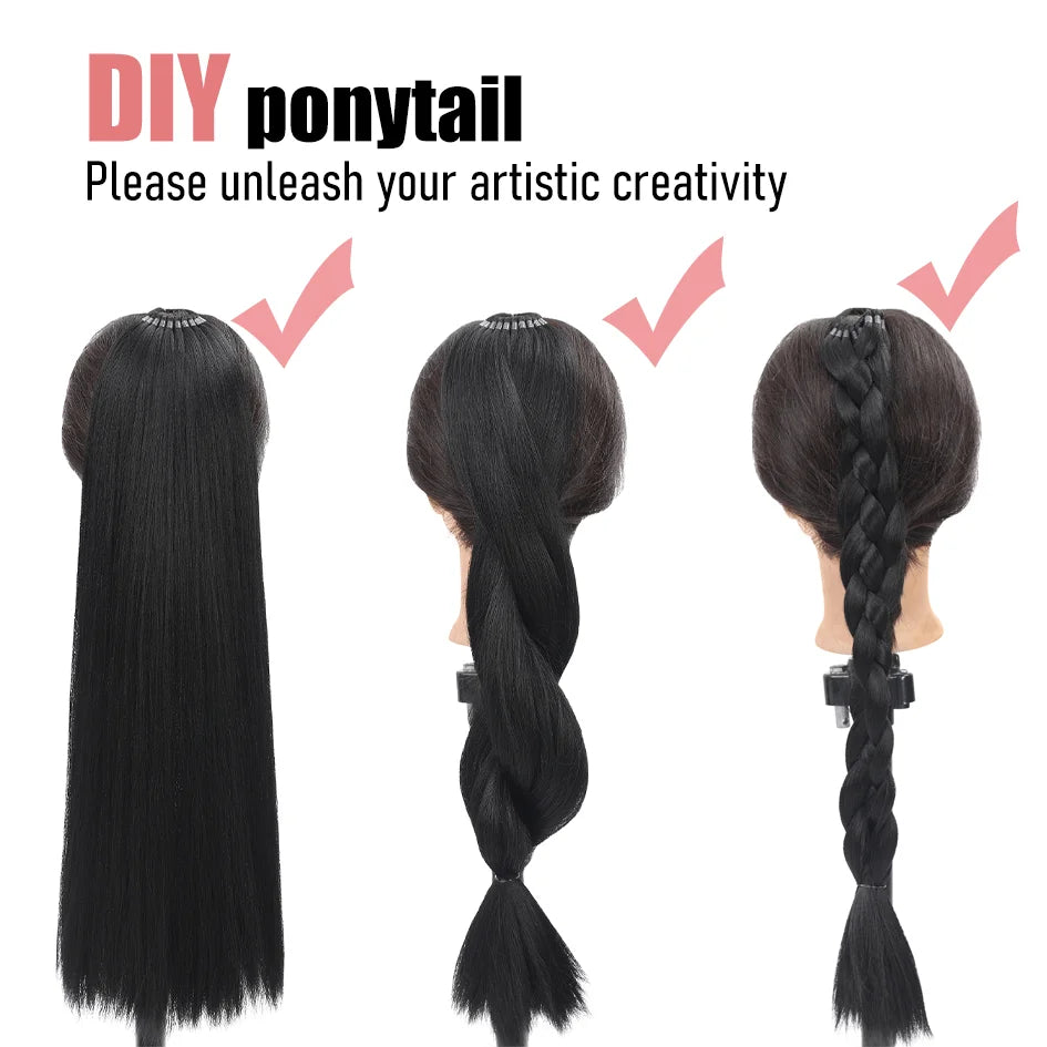 A black ultra-long straight ponytail wig shown in three styles: straight, twisted, and braided.