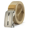 A close-up of a tan canvas utility belt with a silver buckle and woven webbing.