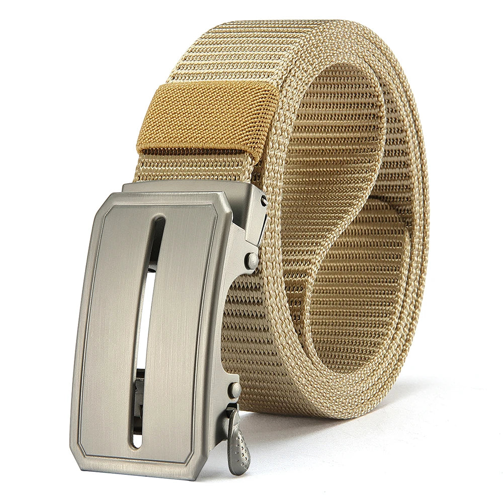 A close-up of a tan canvas utility belt with a silver buckle and woven webbing.