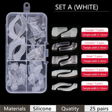 Set A white silicone ear grip hooks for glasses and sunglasses in various sizes