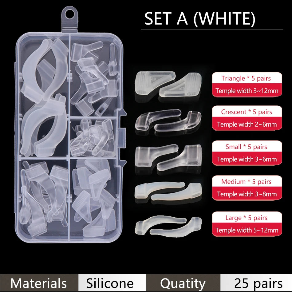 Set A white silicone ear grip hooks for glasses and sunglasses in various sizes