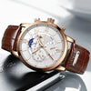 A luxury rose gold men's quartz watch with a brown leather strap and chronograph features a silver dial.